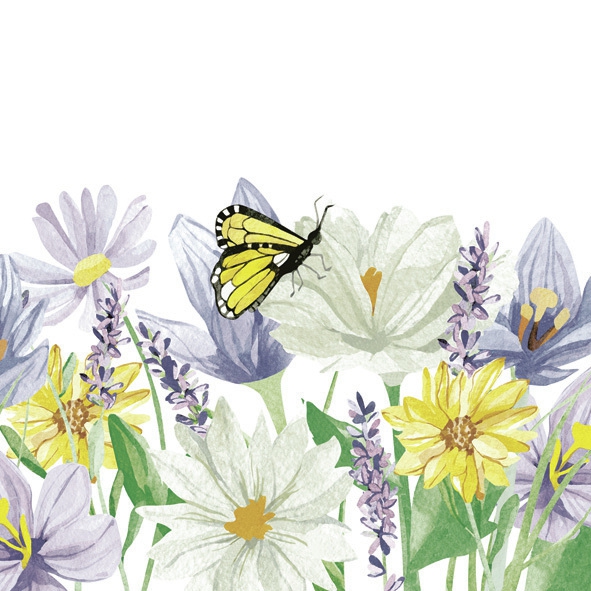 Servietten 33x33 cm - Pastel Garden Flowers with Butterflies, Blumenwiese,  Astern,  Blumen,  Schmetterlinge,  Tiere