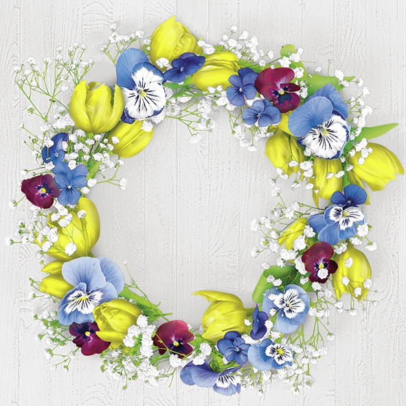 Servietten 33x33 cm - Tulips and Pansies Spring Wreath