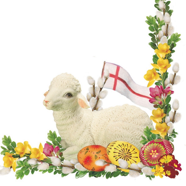 Serwetki 33x33 cm - Lamb & Easter Palm - White, Baranek wielkanocny,  Owca,  Kotki wierzbowe,  Pisanki,  Wielkanoc,  Zwierz?ta