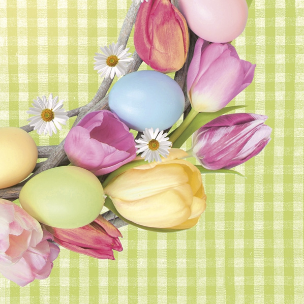 Servilletas 33x33 cm - Tulips and Eggs Wreath on Green Check, Corona de Pascua,  Tulipanes,  Huevos de Pascua,  Flores,  Semana Santa