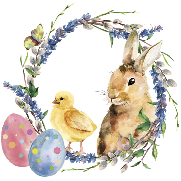 Napkins 33x33 cm - Watercolour Chicken & Rabbit, Easter bunnies,  Rabbit,  Easter wreath,  Rabbits,  Easter eggs,  Chicks,  Easter