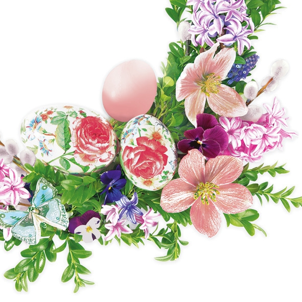 Servilletas 33x33 cm - Photo Wreath with Eggs, Flores,  Huevos de Pascua,  Semana Santa