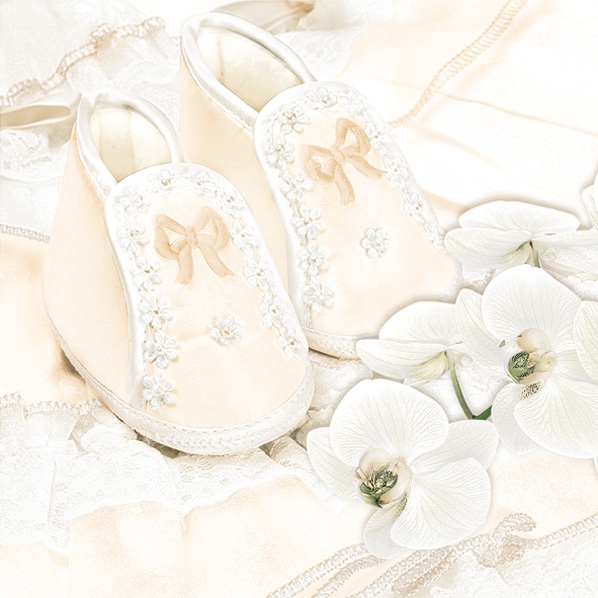 Servietten 33x33 cm - Christening Shoes Ecru, Baby, Schuhe, Orchideen, Geburt, Ereignisse, Blumen Servietten 33x33 cm - Christening Shoes Ecru
