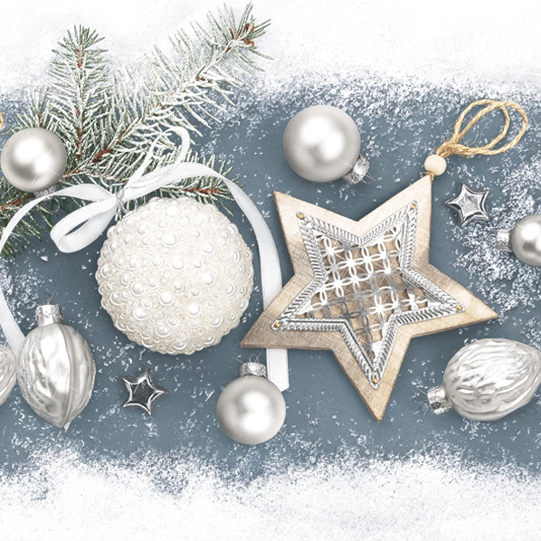 Napkins 33x33 cm - Silver Elegant Baubles, tree ornaments, stars Napkins 33x33 cm - Silver Elegant Baubles