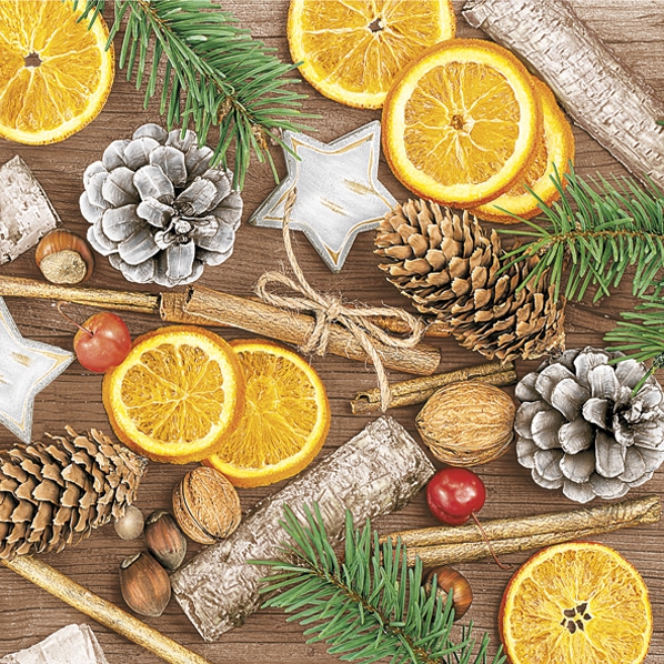 Servietten 33x33 cm - Winter Decorations with Cinnamon and Nuts
