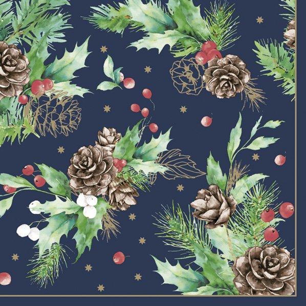 Serwetki 33x33 cm - Cones & Hollyberry on Navy, 