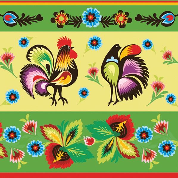 Napkins 33x33 cm - Folklore Roosters Green & Cream