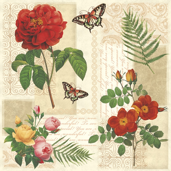 Napkins 33x33 cm - Flowers and Butterflies on Vintage Background