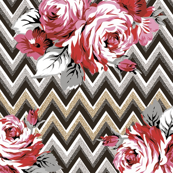 Serwetki 33x33 cm - Roses on a Gold and Silver Zig Zag, Ró?e,  ozdoby,  wzory,  kwiaty