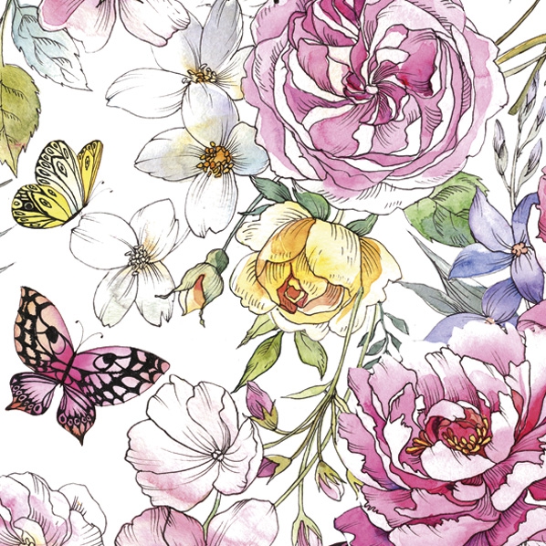 Servetten 33x33 cm - Watercolour with Roses and Butterflies