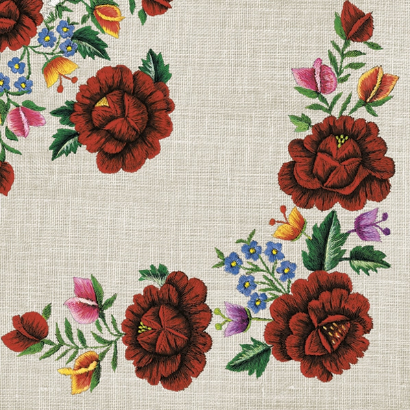 Tovaglioli 33x33 cm - Roses Mountain Embroidery Folk on Light Grey, Tessuto,  ricamo,  folclore,  vintage,  rose,  fiori