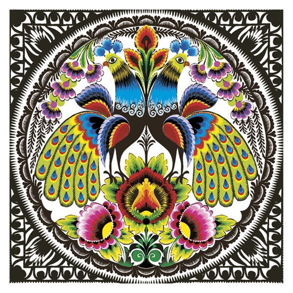 Serwetki 33x33 cm - Łowicz Folk Peacocks Cut-out, Folklor,  Kwiaty,  Ptaki,  ptak,  Sztuka,  Zwierz?ta,  Malowanie