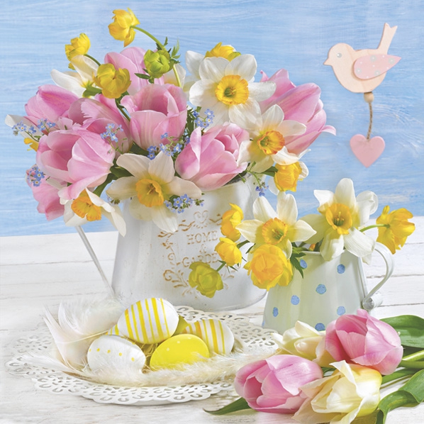 Servilletas 33x33 cm - Pastel Spring Flowers with Easter Eggs 