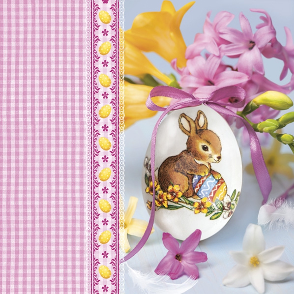 Napkins 33x33 cm - Easter Egg Bunny with Pink Bow and Check