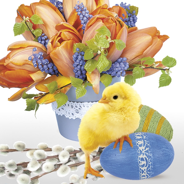 Napkins 33x33 cm - Orange Tulips Bouquet with Chicken, Willow catkins,  Tulips,  Chicks,  Easter eggs,  Flowers,  Easter