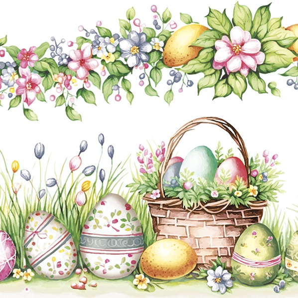 Serwetki 33x33 cm - Watercolour Scene with Basket Eggs & Flowers, Koszyk wielkanocny,  Koszyk wielkanocny,  Pisanki,  Las,  Wielkanoc,  ??ki