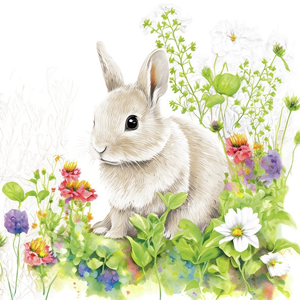 Serwetki 33x33 cm - Little Bunny in the Meadow, Królik,  Zaj?czki wielkanocne,  Kwietna ??ka,  Króliki,  Kwiaty,  Las,  Wielkanoc,  ??ki