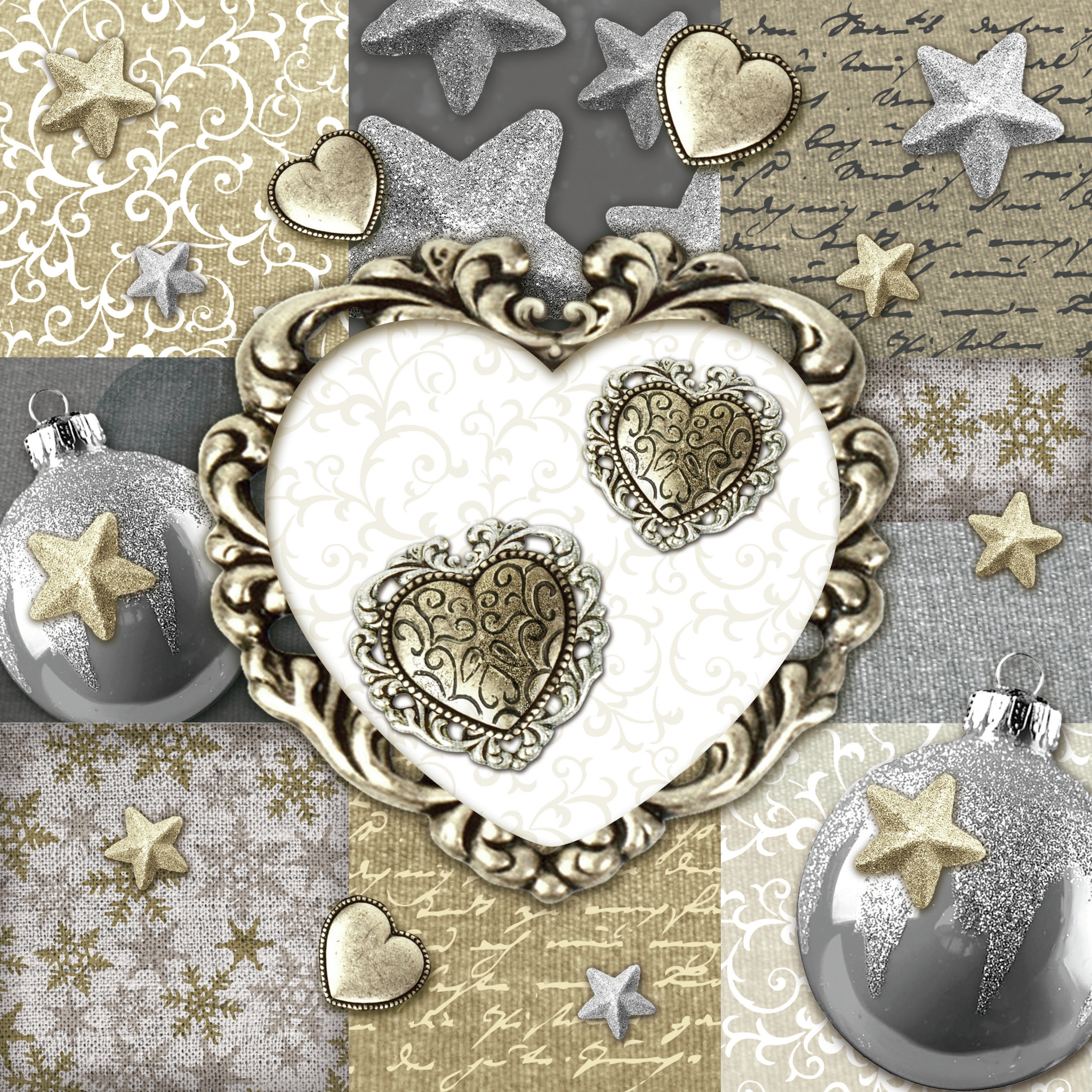 Servietten 33x33 cm - Winter Breeze, Herzen, Sterne, Baumschmuck Servietten 33x33 cm - Winter Breeze