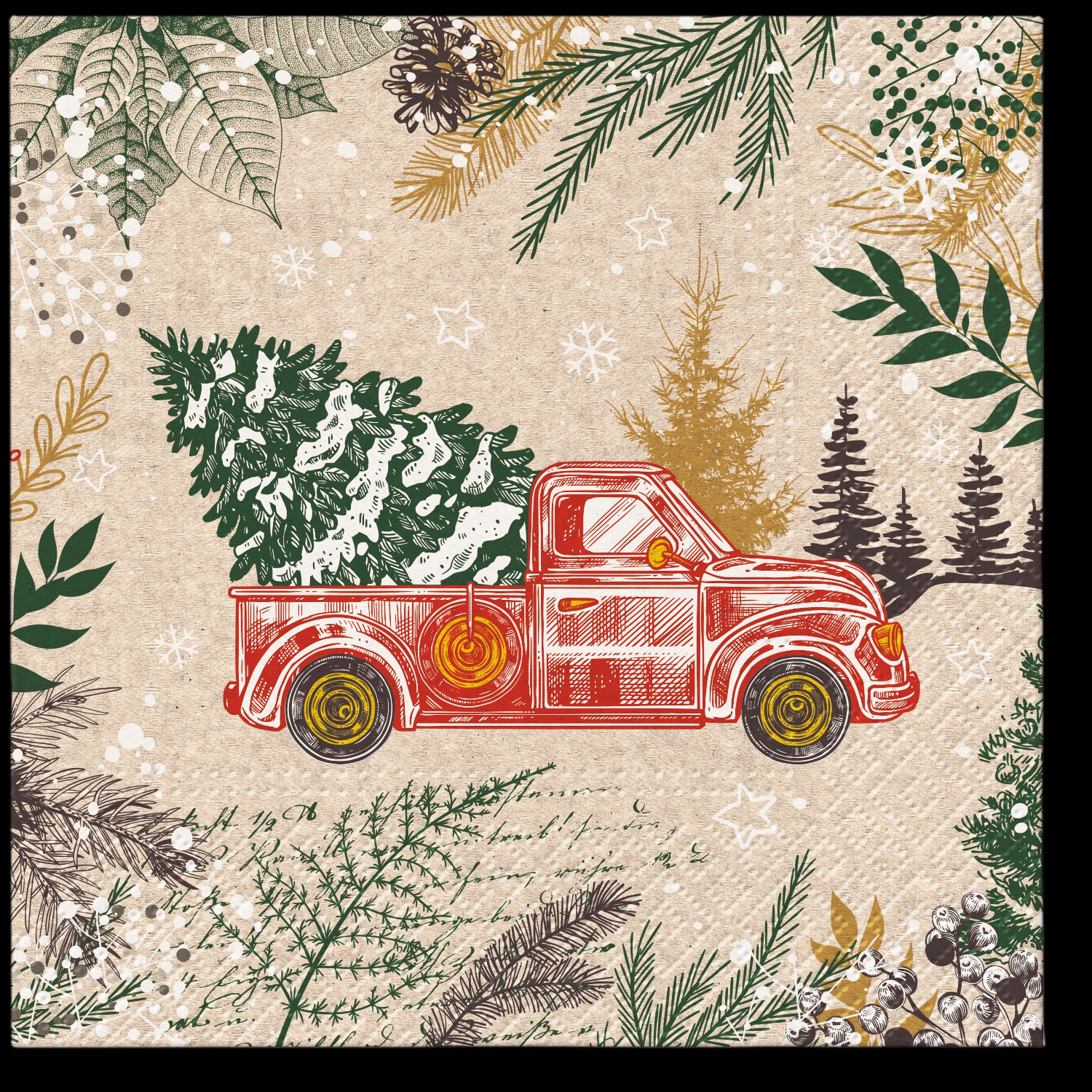 Servilletas 33x33 cm - Vintage Christmas Car, Árbol de Navidad,  abeto,  árbol de Navidad,  Coches,  Ramas de abeto,  Vehículos,  Plantas