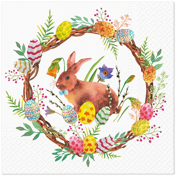 Servilletas 33x33 cm - Bunny in a wreath, Corona,  Conejos,  Huevos de Pascua,  Plantas,  Flores,  Semana Santa