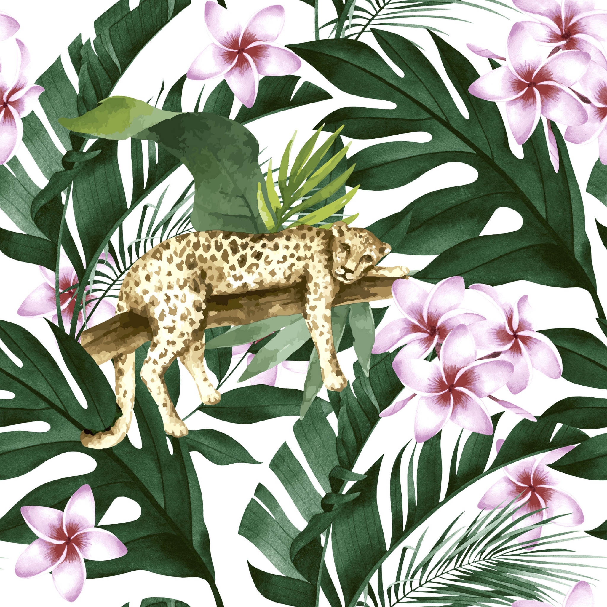 Napkins 24x24 cm - Slow down, palm leaves, frangipani, leopard, plants, animals Napkins 24x24 cm - Slow down