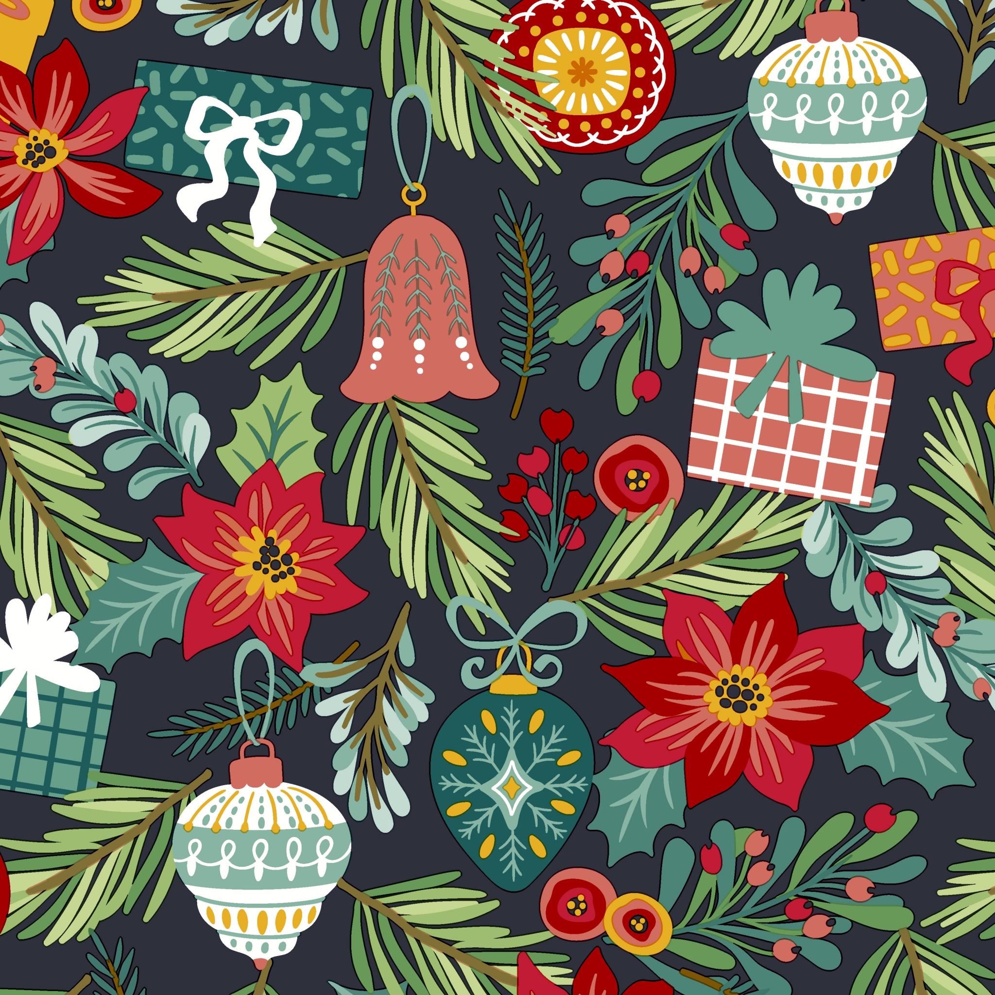 Napkins 33x33 cm - Flourish Xmas Tree, Poinsettias,  Bells,  Tree decorations,  Ilex,  Gifts,  Fir branches,  Plants