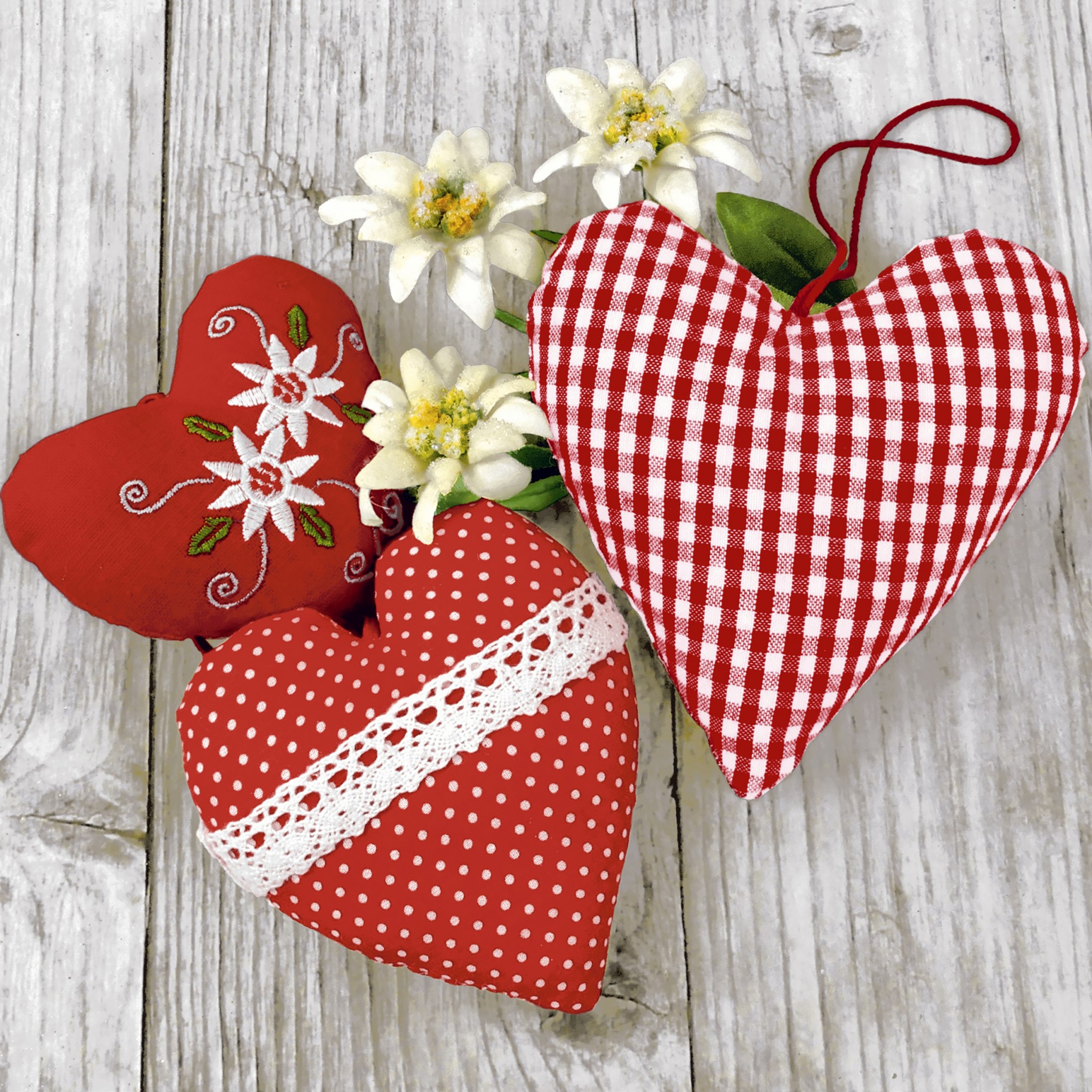 Napkins 24x24 cm - Bavarian hearts, Hearts,  Edelweiss,  Wood,  Mountains,  Flowers,  Love,  Switzerland,  Events,  Countries