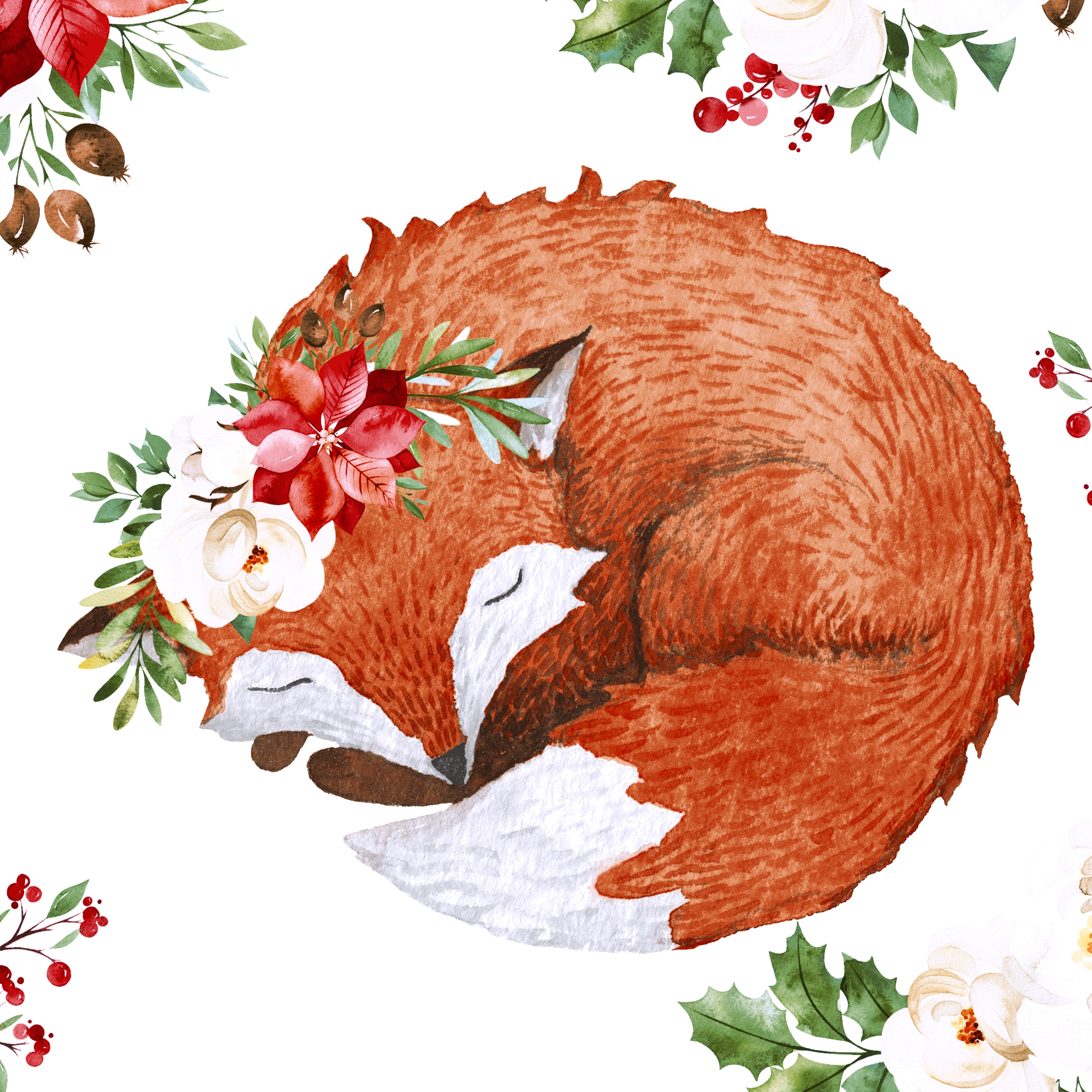Servilletas 33x33 cm - Floral fox, Fox,  Zorros,  Ilex,  Flor de Pascua,  Animales,  Plantas,  Flores