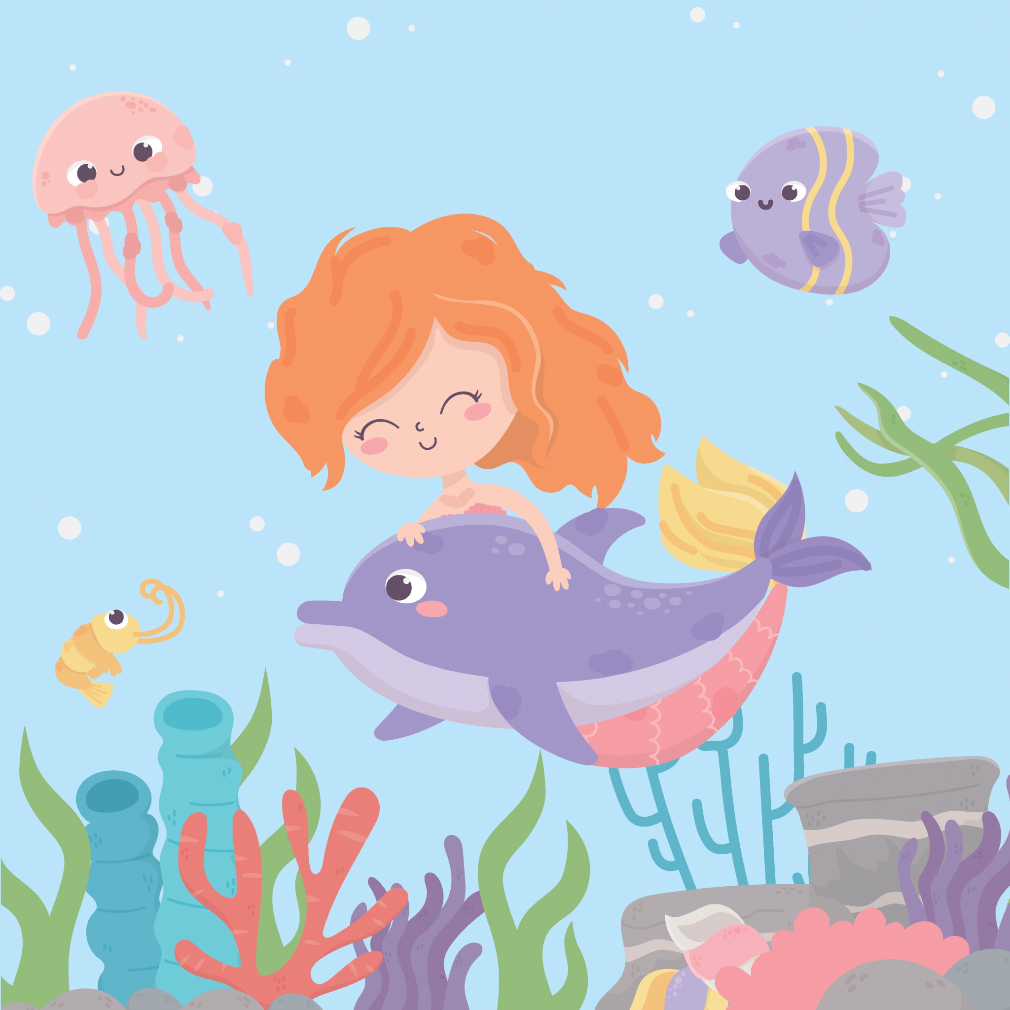 Tovaglioli 33x33 cm - Mermaid, Sirena,  Coralli,  Delfino,  Medusa,  I bambini,  Cartone animato,  Pesce,  Spiaggia,  Fumetto,  Animali,  Mare