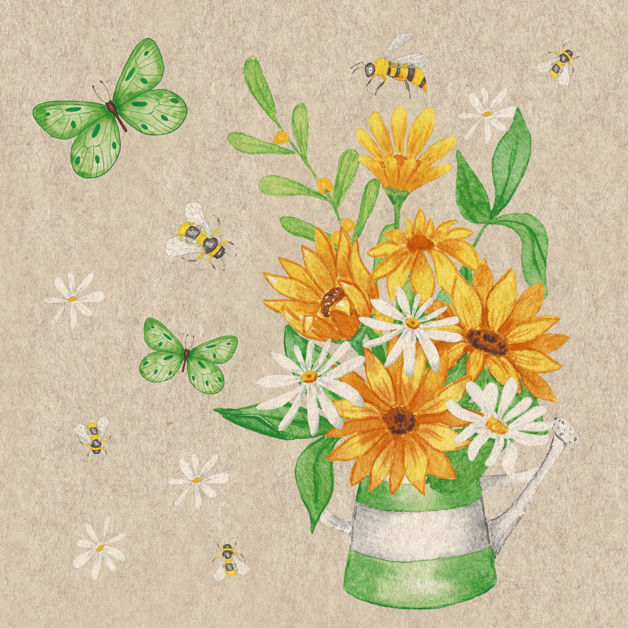 Servilletas 33x33 cm - Bees and blossoms, Abejas,  Mariposas,  Flores,  Magaritas,  Animales