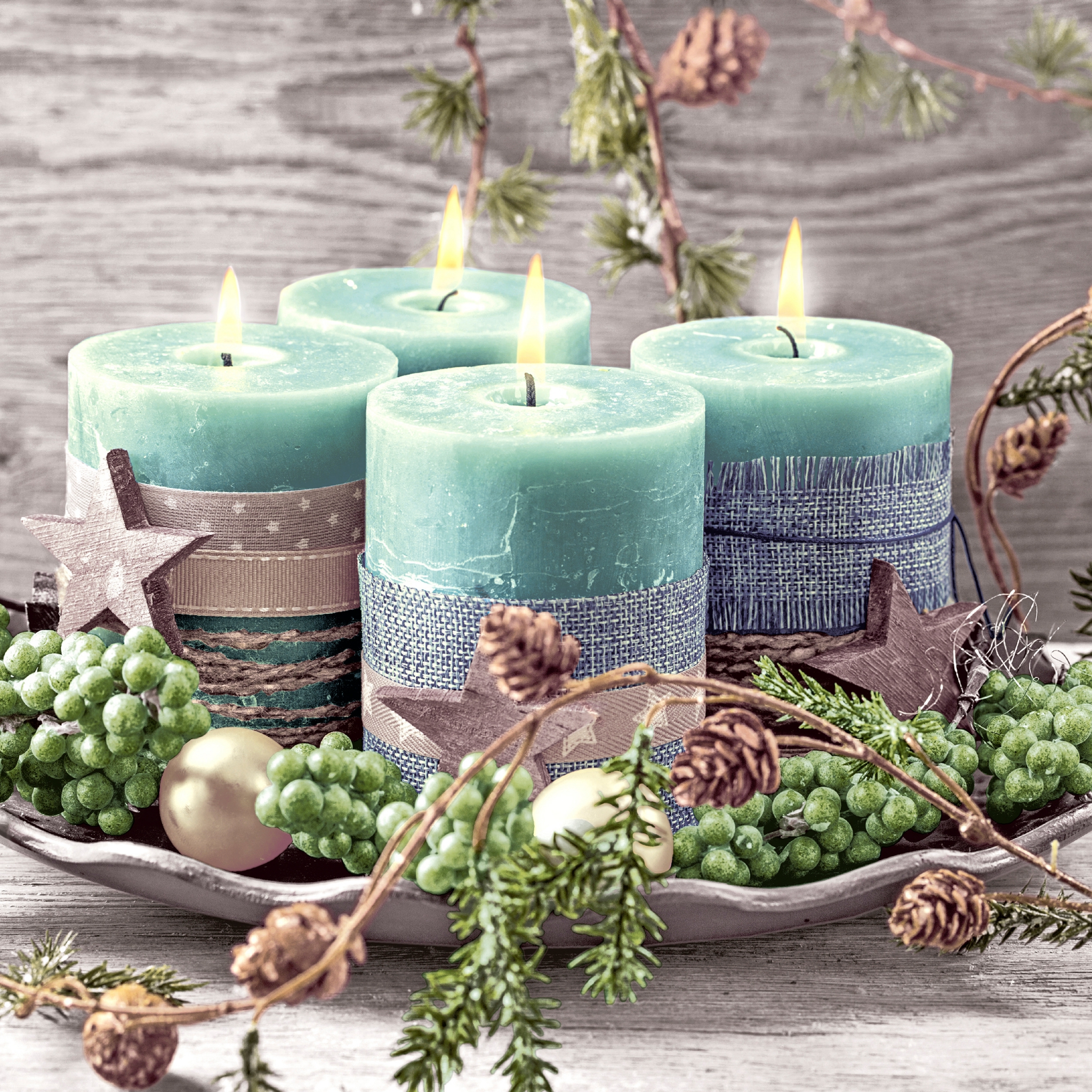 Servietten 33x33 cm - Four green candles