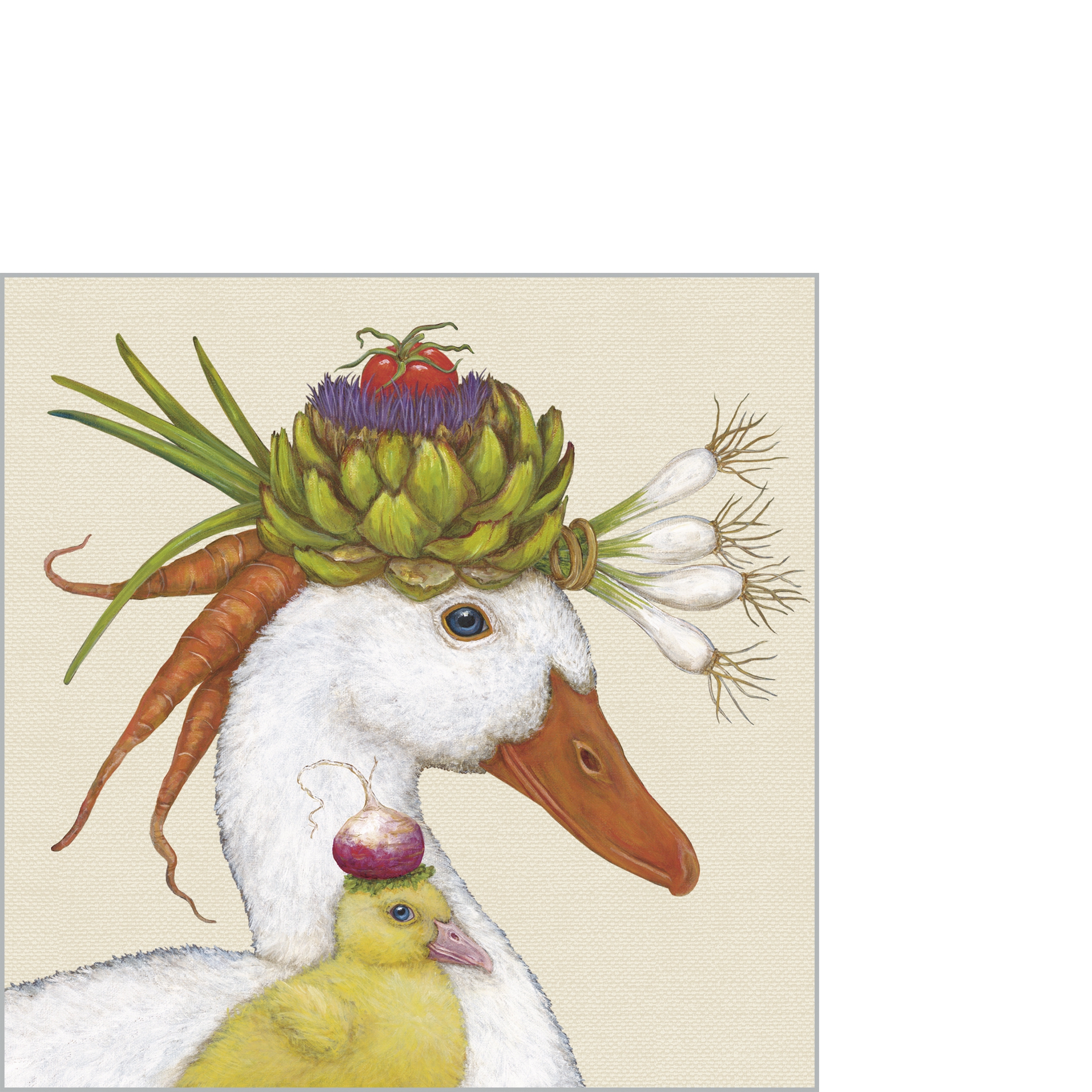 Servilletas 25x25 cm - The Gardeners Napkin, Alcachofas,  Zanahorias,  Puerro,  Tomates,  Rábano,  Gansos,  Pollitos,  Verduras,  Animales,  Semana Santa