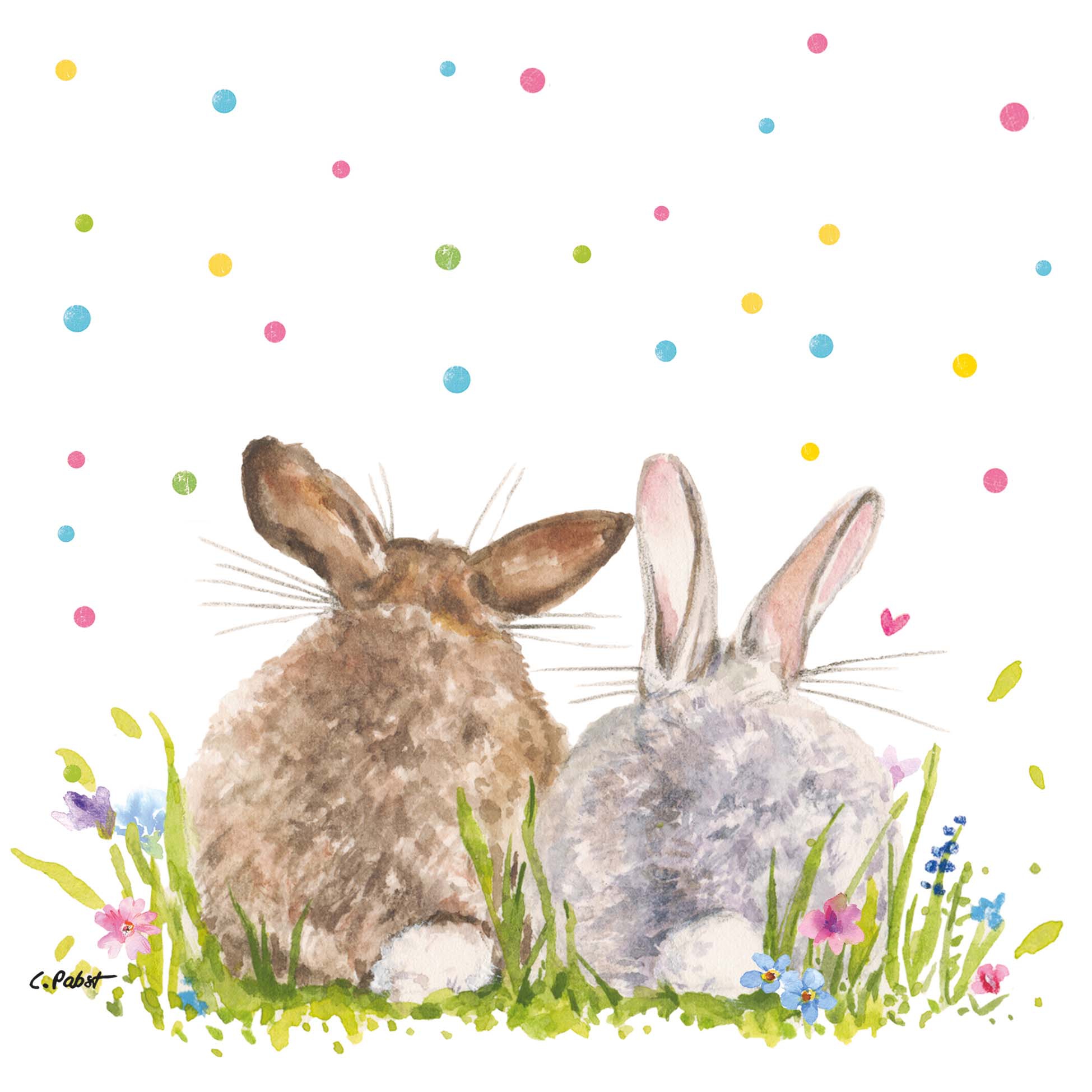 Servietten 33x33 cm - Easter Party Napkin, Kaninchen,  Blumenwiese,  Punkte,  Osterhasen,  Hasen,  Blumen,  Wald,  Ostern,  Wiesen,  Tiere