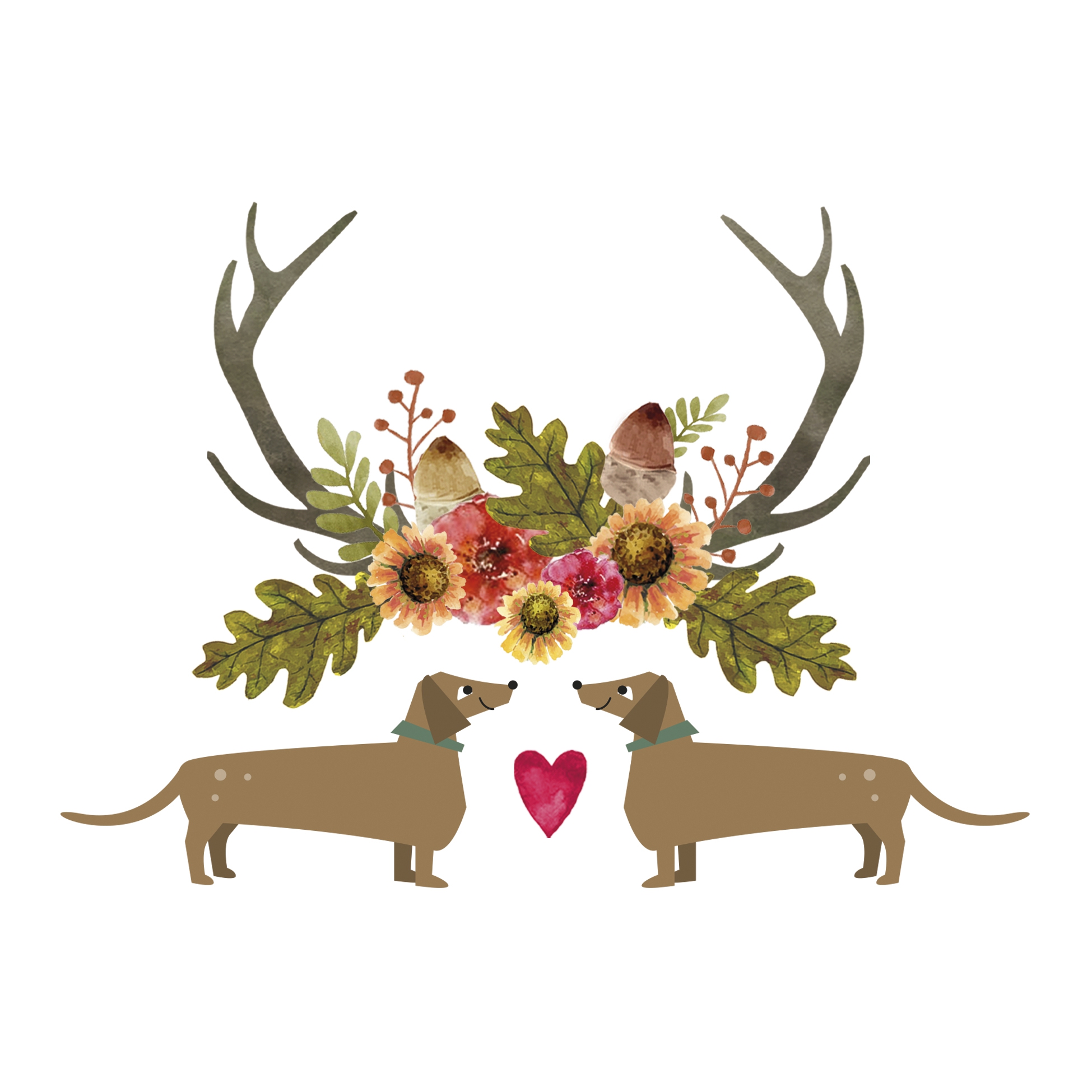 Servietten 33x33 cm - Waltraut & Walter Napkin, Dackel,  Geweihe,  Blätter,  Eicheln,  Jagd,  Hunde,  Hirsche,  Sonnenblumen,  Pflanzen,  Tiere,  Rehe,  Blumen