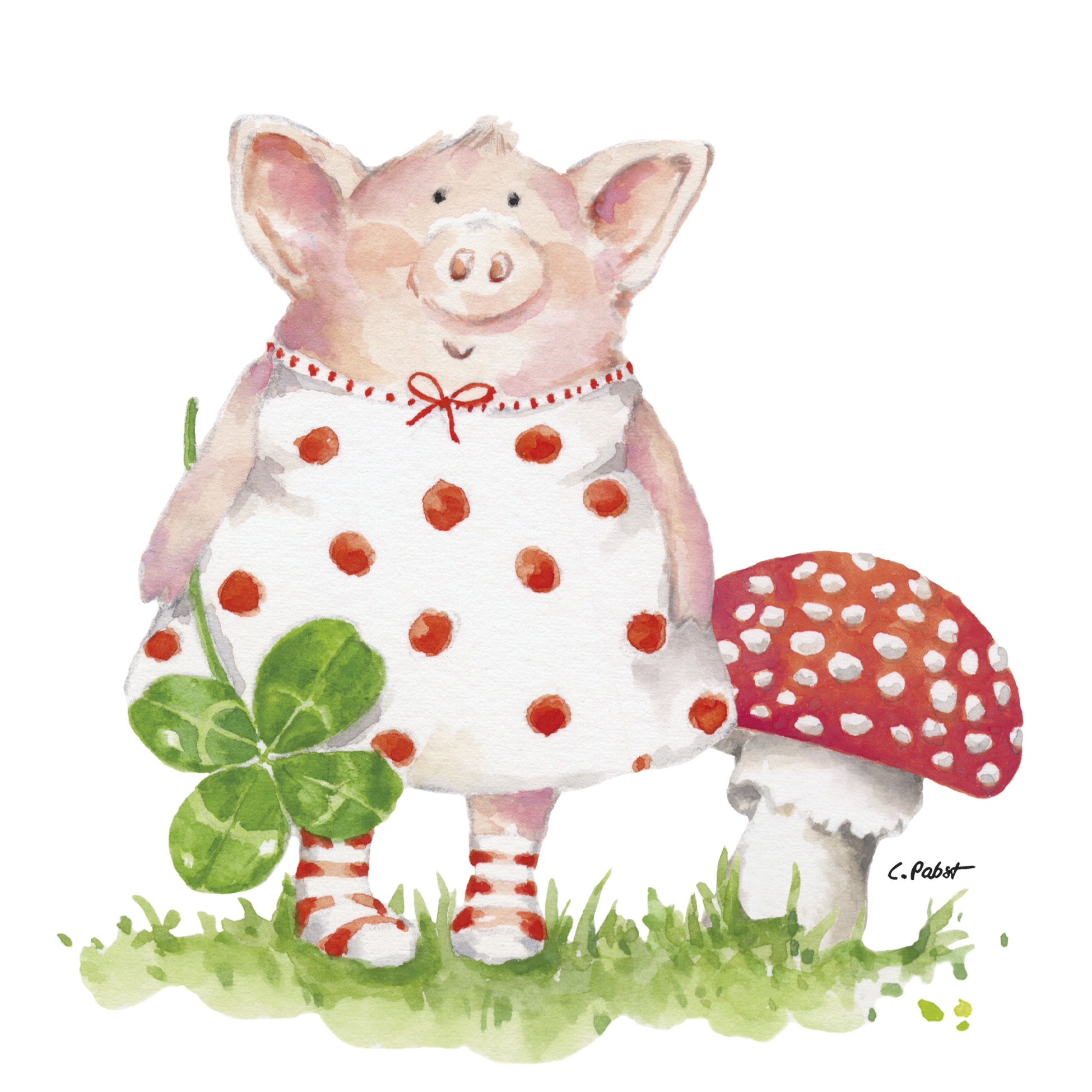 Servilletas 33x33 cm - Lucky Piggy Napkin, Amuleto de la suerte,  Cerdito,  Seta,  Cerdo de la suerte,  Animales,  Trébol,  Plantas