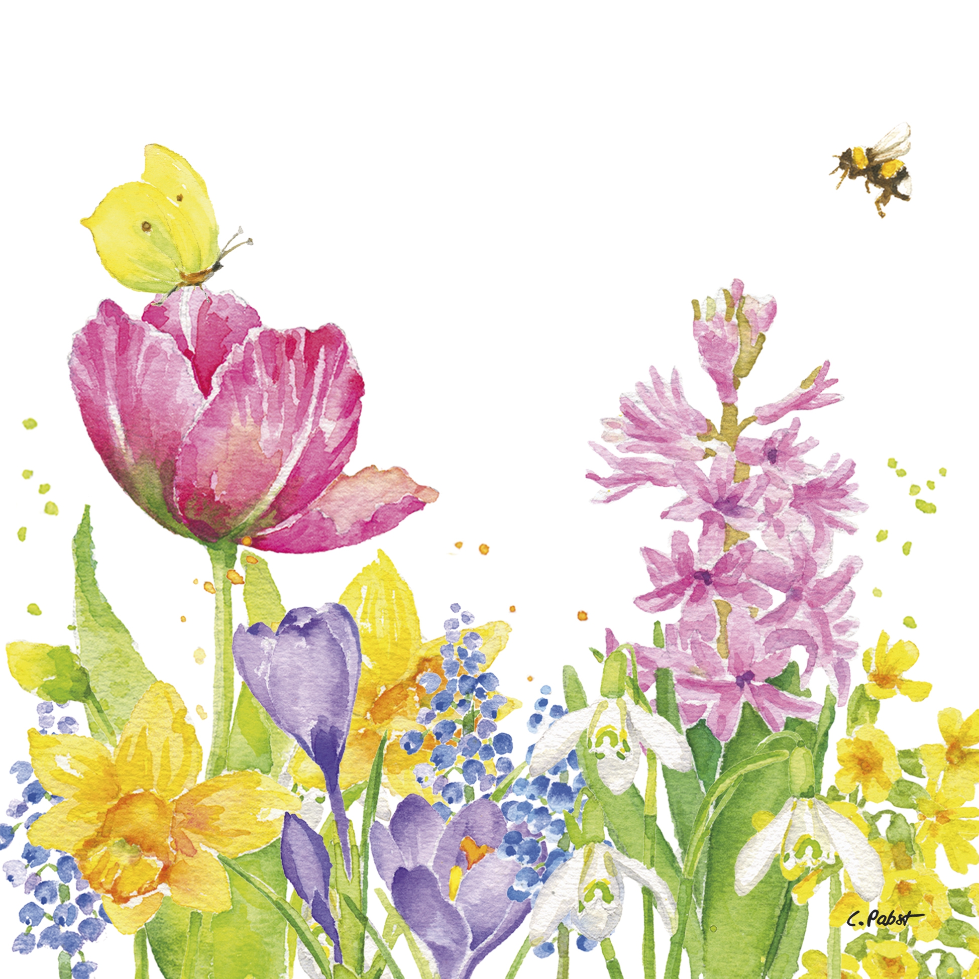 Serwetki 33x33 cm - Butterfly & Bee Napkin, Kwietna ??ka,  Krokusy,  Pszczo?y,  Tulipany,  ?onkile,  Motyle,  Kwiaty,  Zwierz?ta