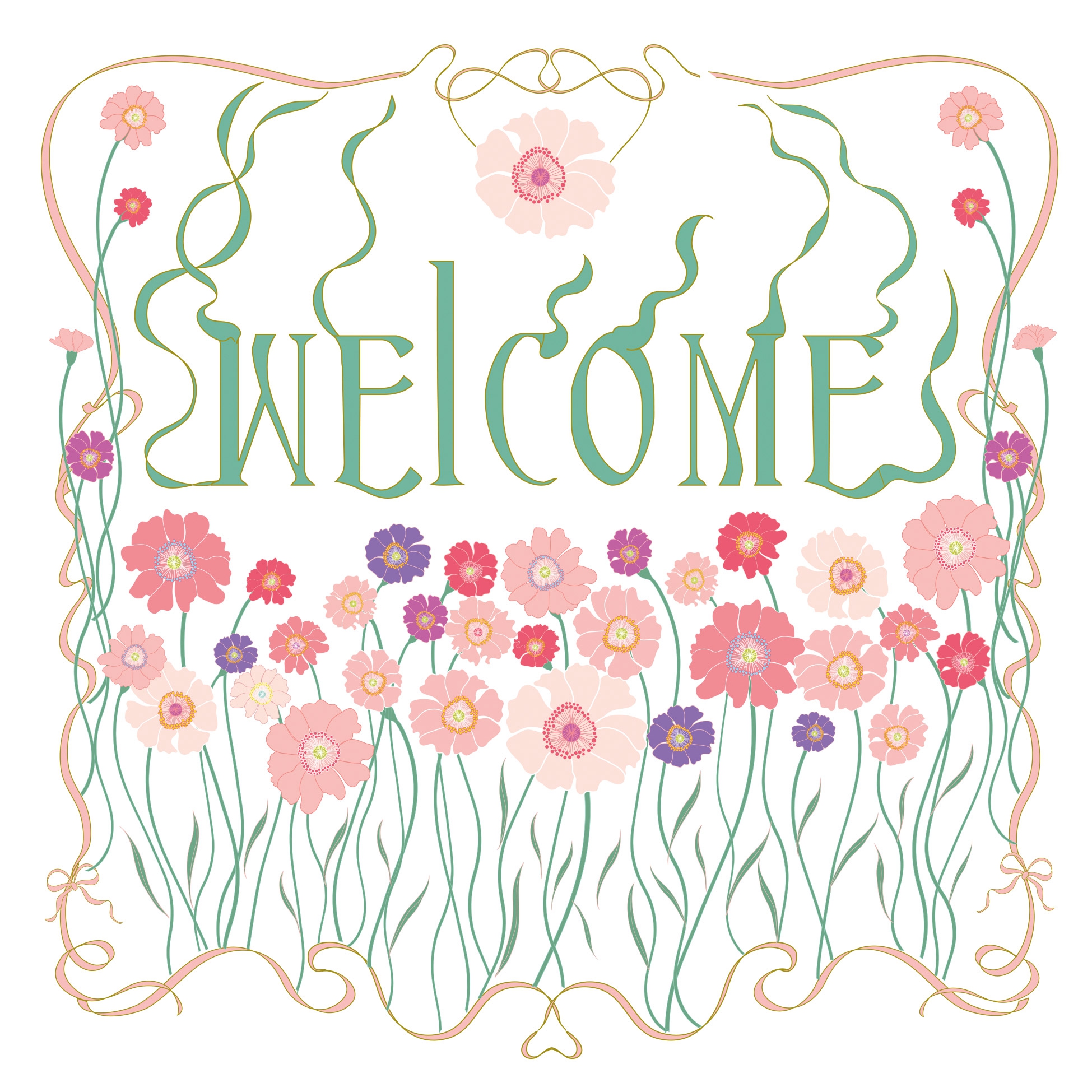 Servilletas 33x33 cm - Nouveau Welcome Napkin, Bienvenido a,  Texto,  Flores,  Bosque,  Diciendo,  Prados