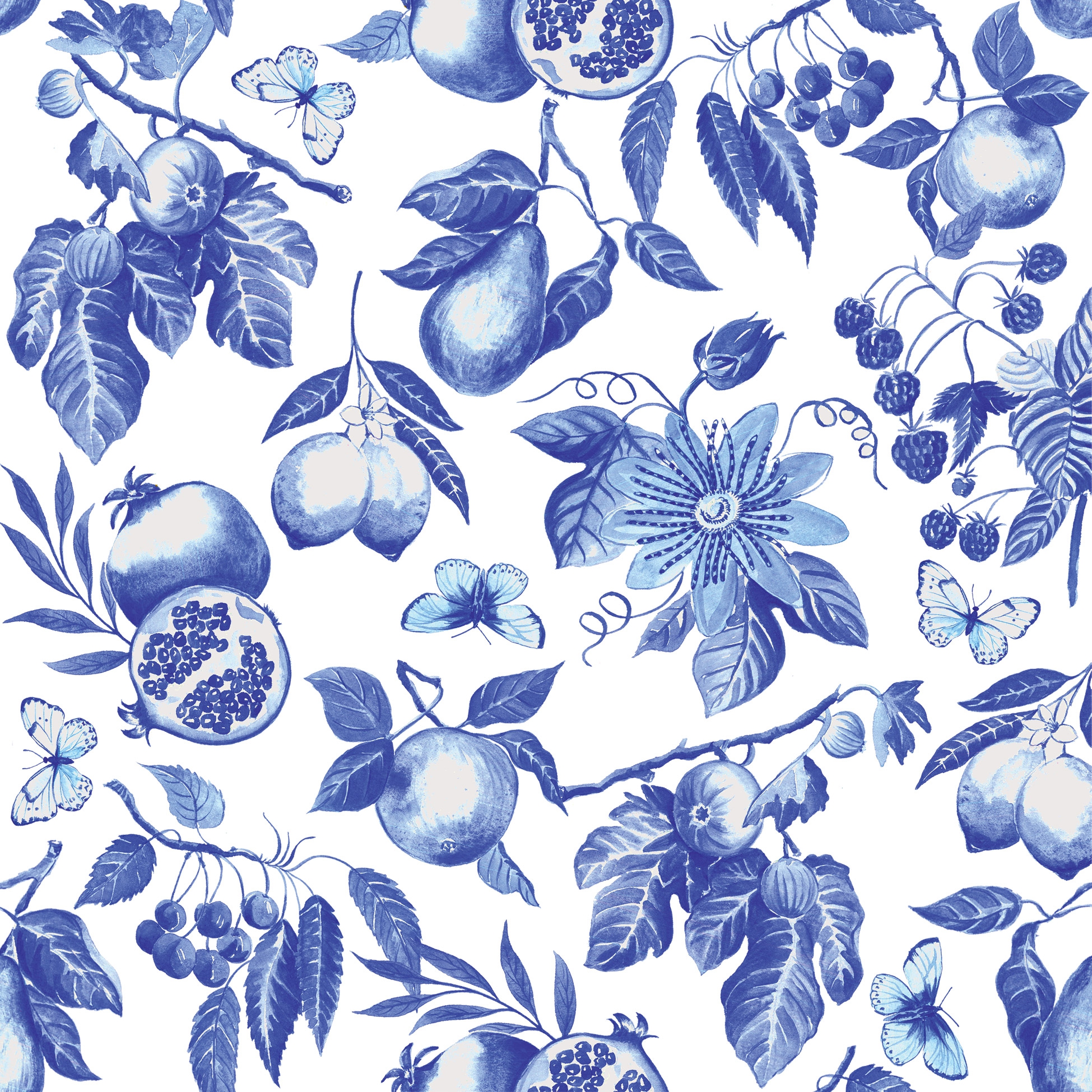 Serwetki 33x33 cm - Blue Toile Napkin, Granat,  niebieski,  Wi?nie,  Cytryny,  Gruszki,  Owoce,  Motyle,  Kwiaty,  Zwierz?ta