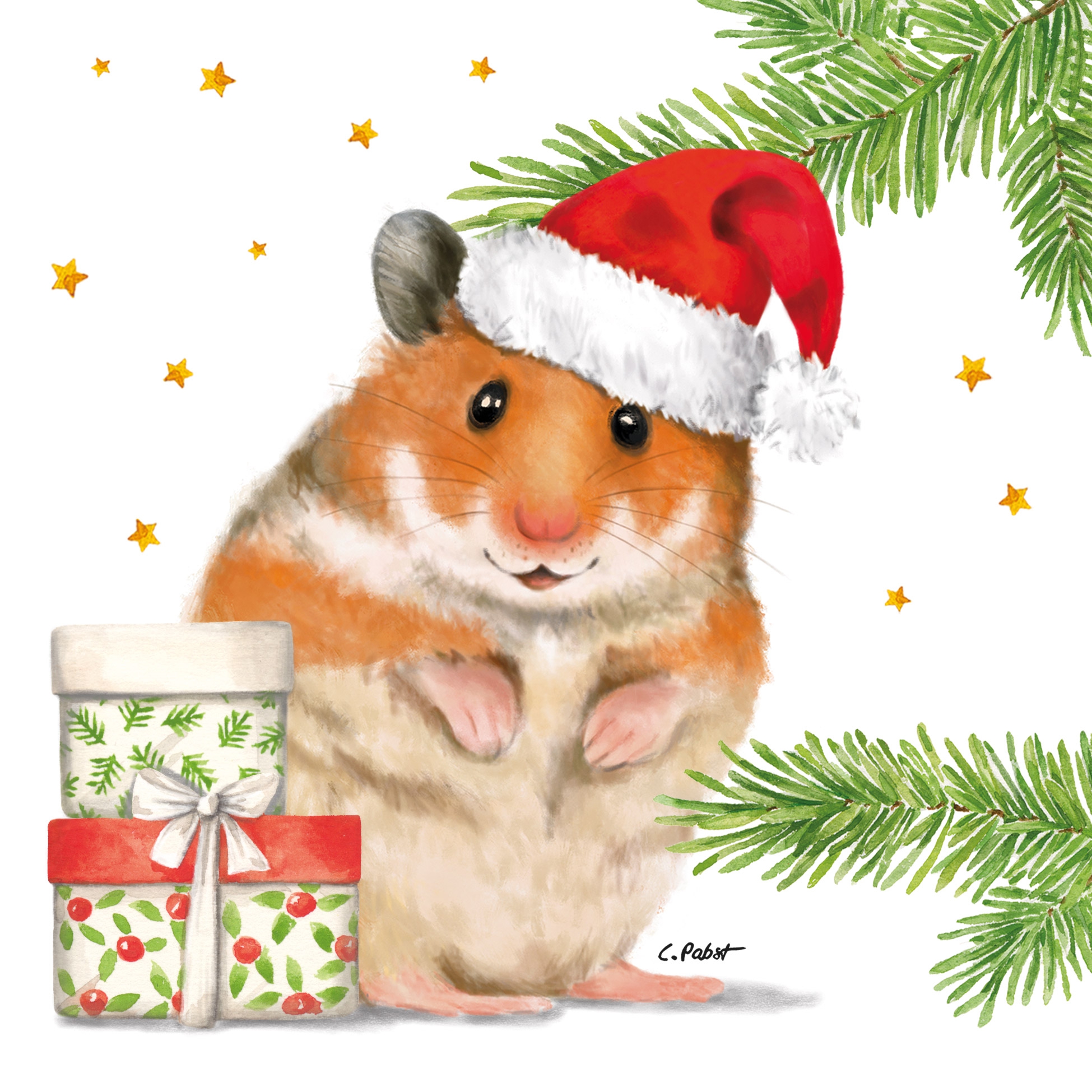Servilletas 33x33 cm - Max Napkin, Hámster,  Gorros de Navidad,  Animales,  Regalos,  Ramas de abeto,  Estrellas,  Plantas