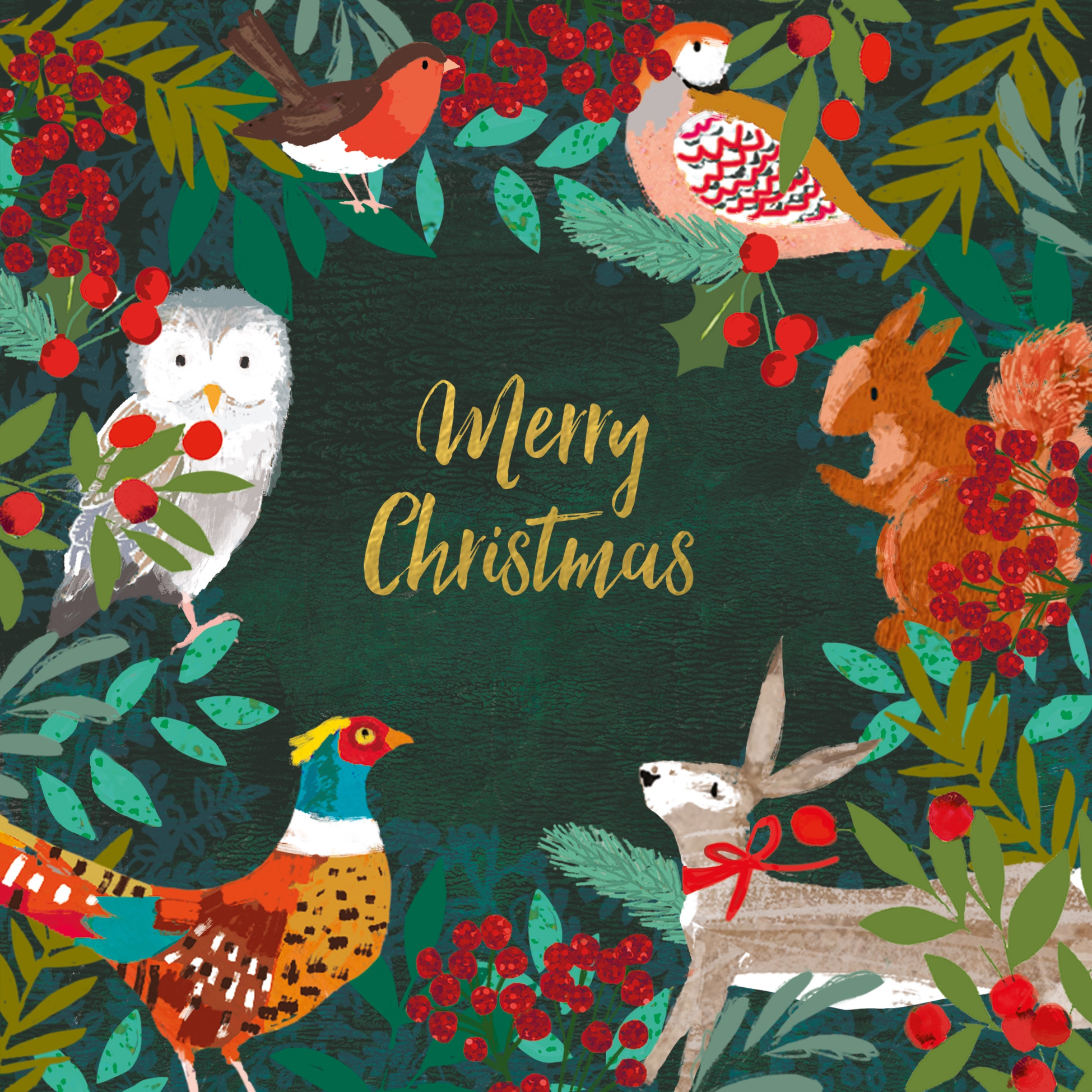 Servilletas 33x33 cm - Christmas Forest Napkin, Feliz Navidad,  Faisanes,  Conejos,  Robin,  Búhos,  Pájaro,  Ardilla,  Plantas,  Bayas,  Animales,  Frutas
