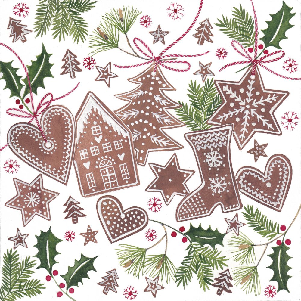 Servietten 33x33 cm - Lebkuchen Napkin, Lebkuchen,  Kuchen,  Kekse,  Baumschmuck,  Ilex,  Pflanzen,  Tannenzweige