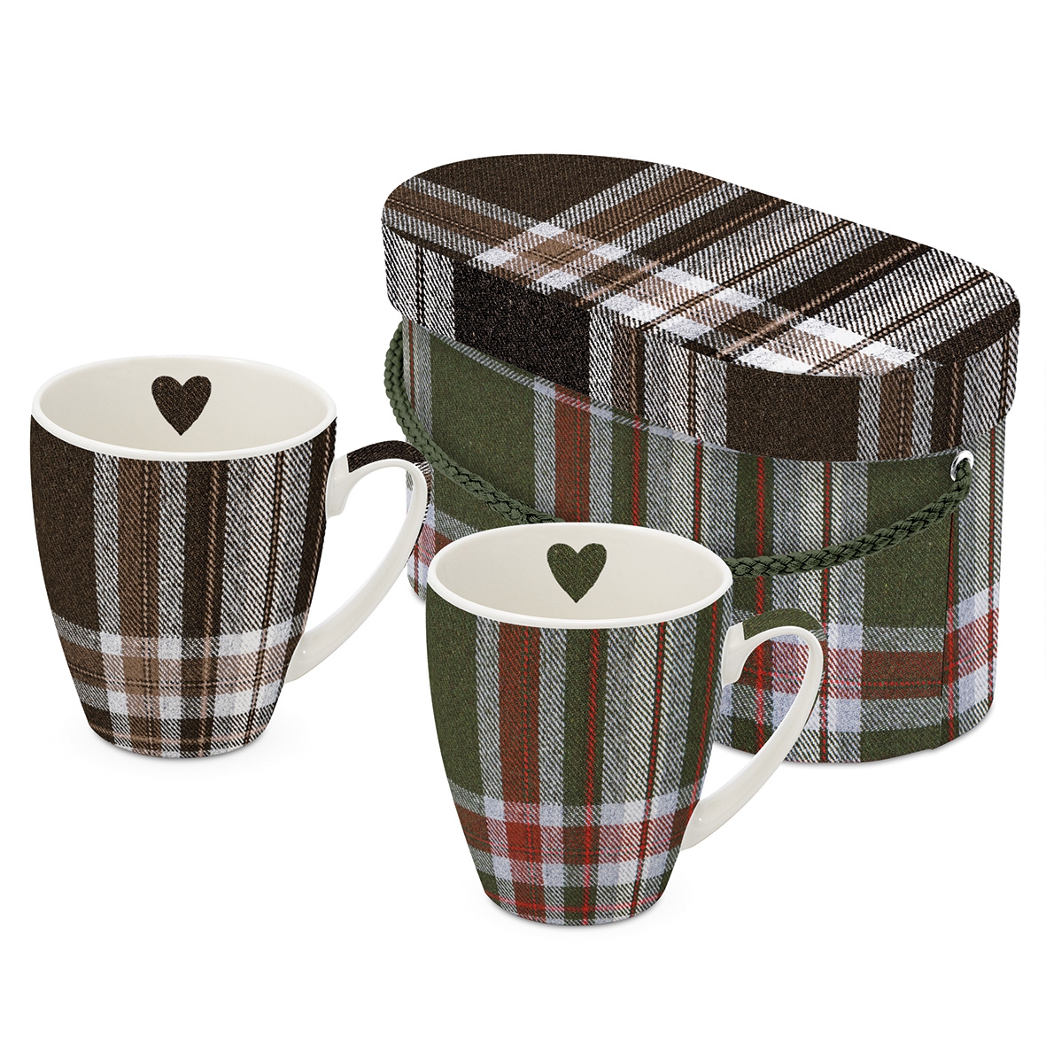 Porcelain cup with handle - Check Green & Brown 2 Mug Set
