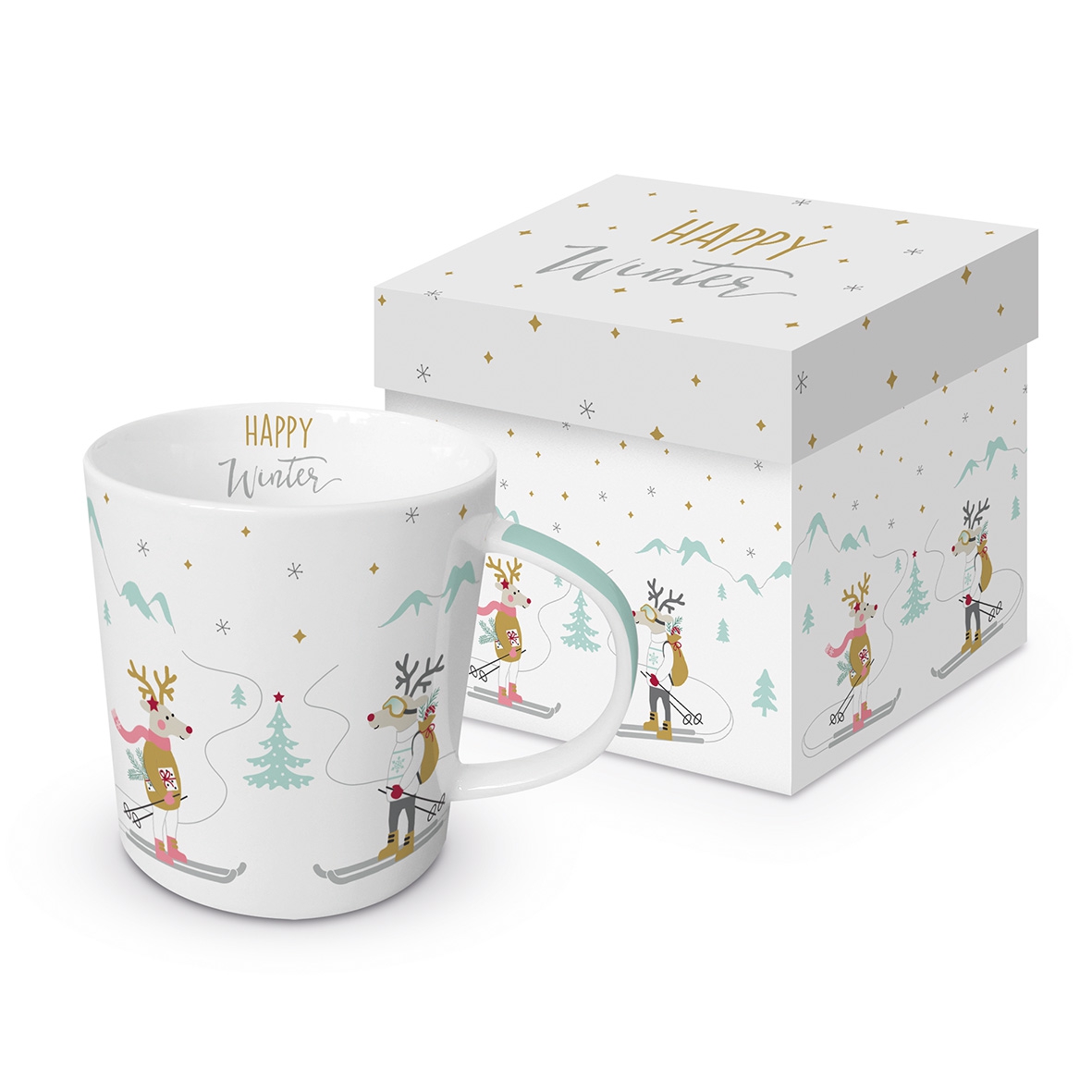 Porcelain cup with handle - Skiing Deers