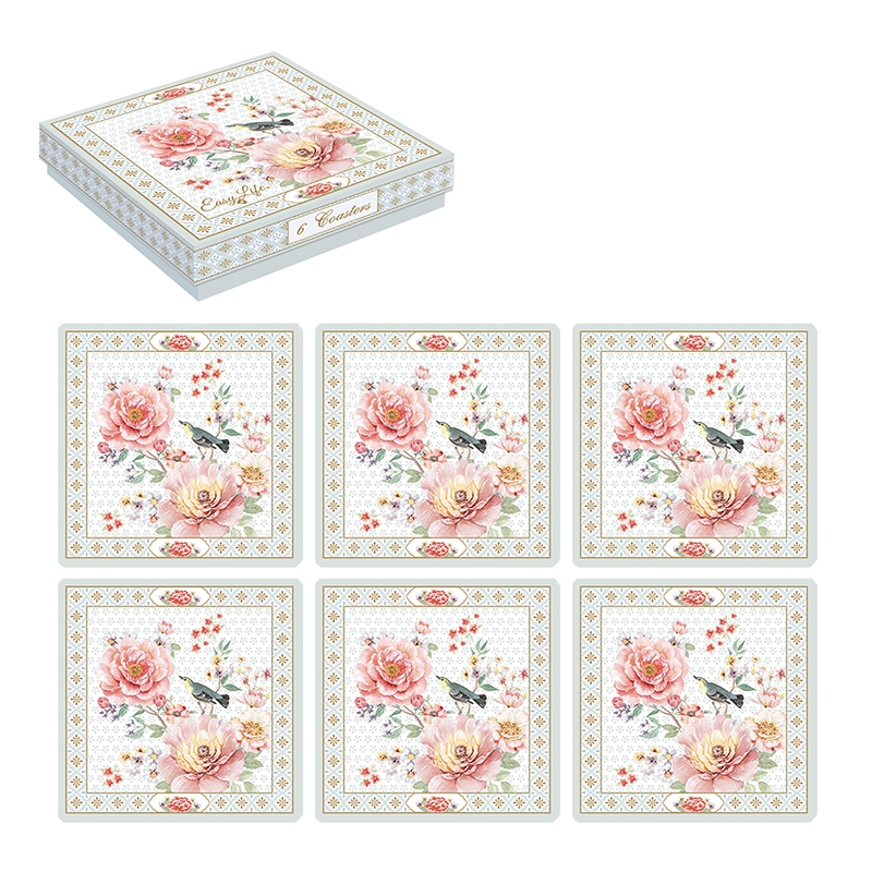 Kork Untersetzer - A Day in the Garden, Rosen, Vögel Kork Untersetzer - A Day in the Garden