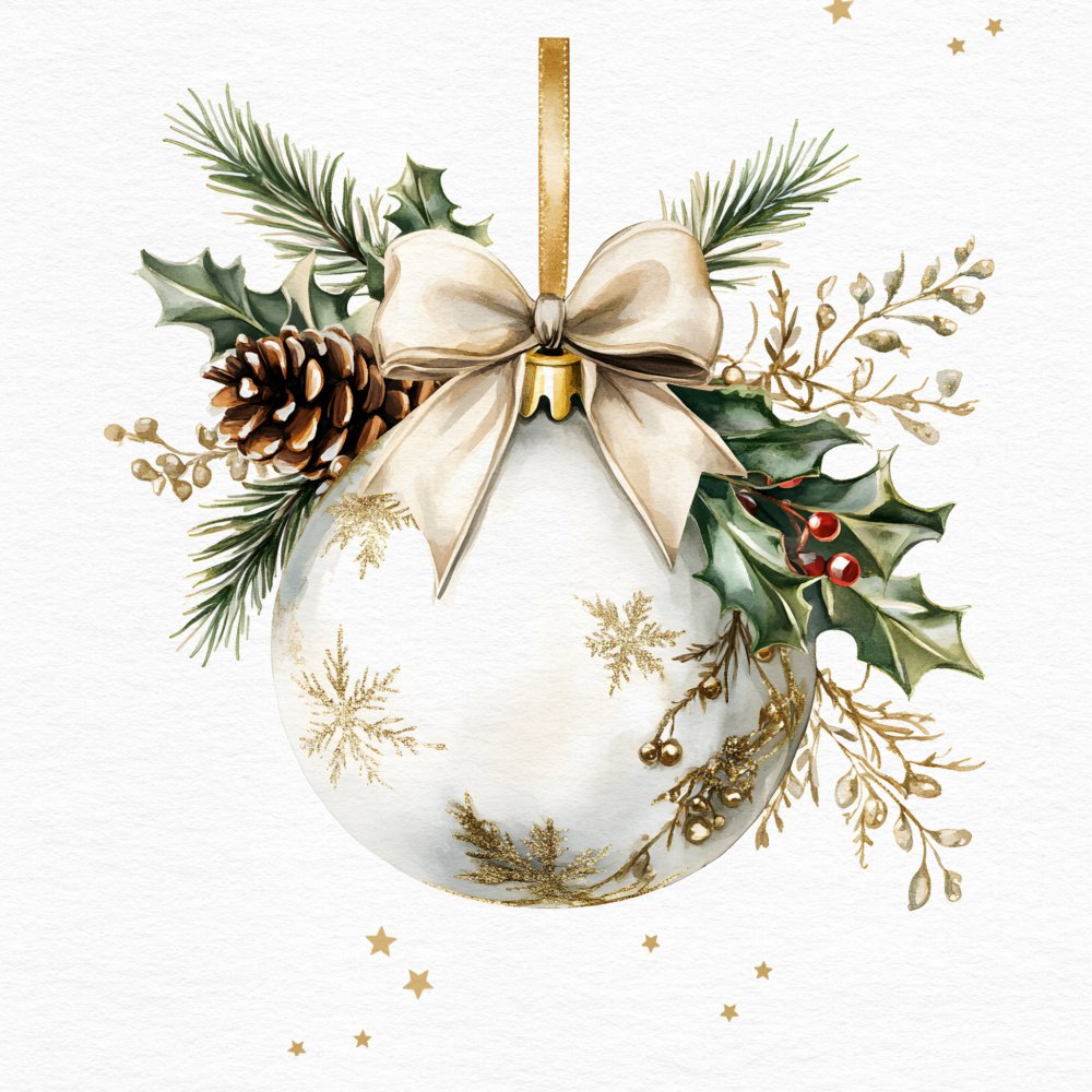Napkins 33x33 cm - White Bauble, Christmas tree baubles,  gold,  Star,  Ilex,  Plants,  Tree decorations