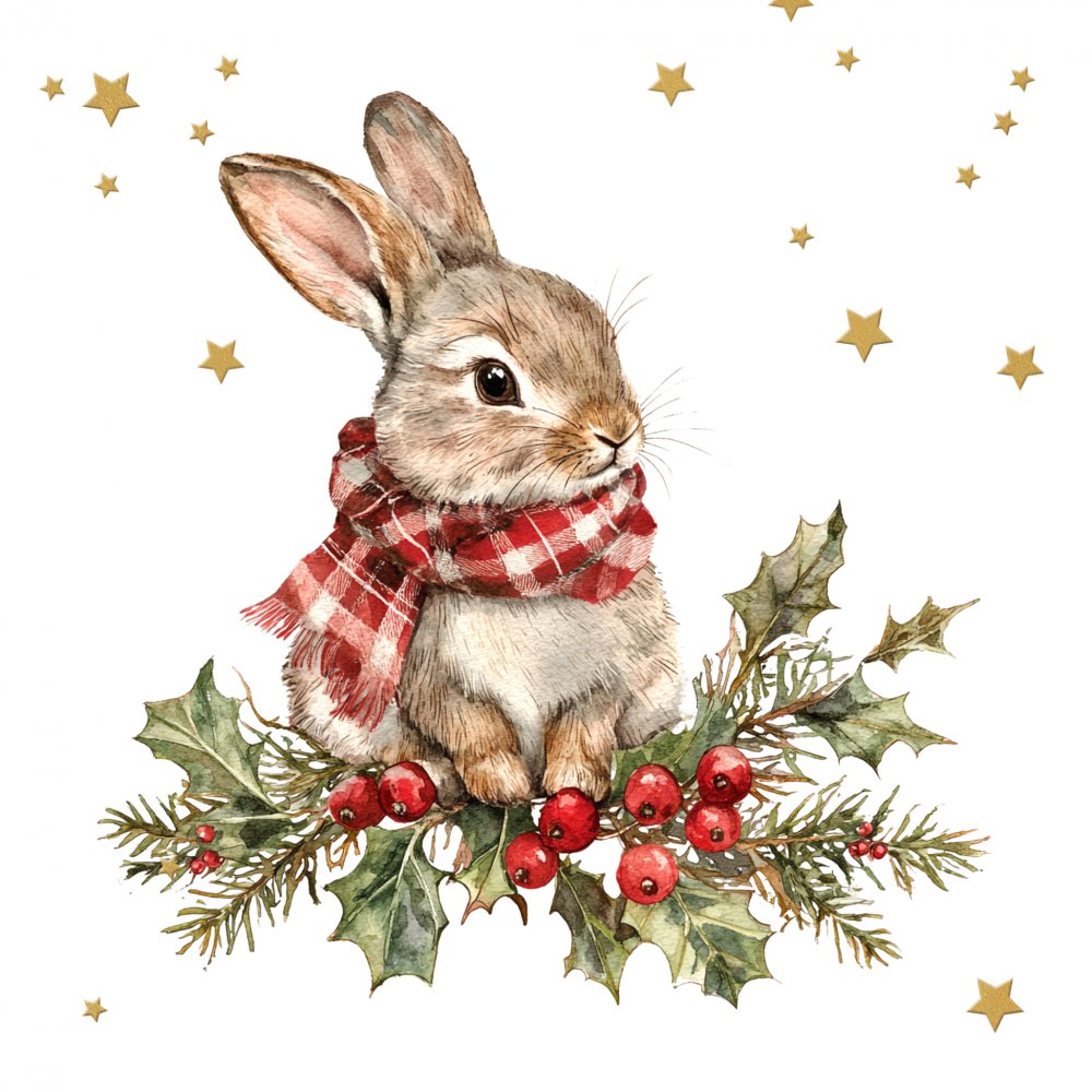 Servietten 33x33 cm - Winter Bunny, Hasen,  Ilex,  Beeren,  Stern,  Häschen,  Kaninchen,  Hase,  Sterne,  Tiere,  Pflanzen,  Tannenzweige