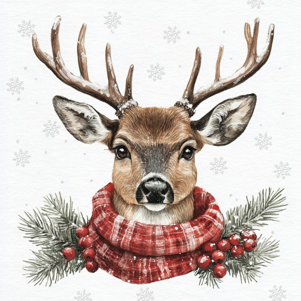 Napkins 33x33 cm - Cerf dHiver, Antlers,  Deer,  roe deer,  Fir branches,  plants,  Berries,  fruits,  Ice crystals,  snowflakes