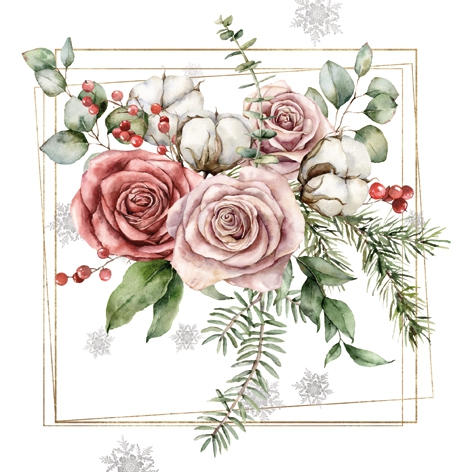 Servietten 33x33 cm - Vinterbukett, Baumwolle,  Beeren,  Tannenzweig,  Eukalpytus,  Kristalle,  Rosen,  Pflanzen,  Schneeflocken,  Blumen