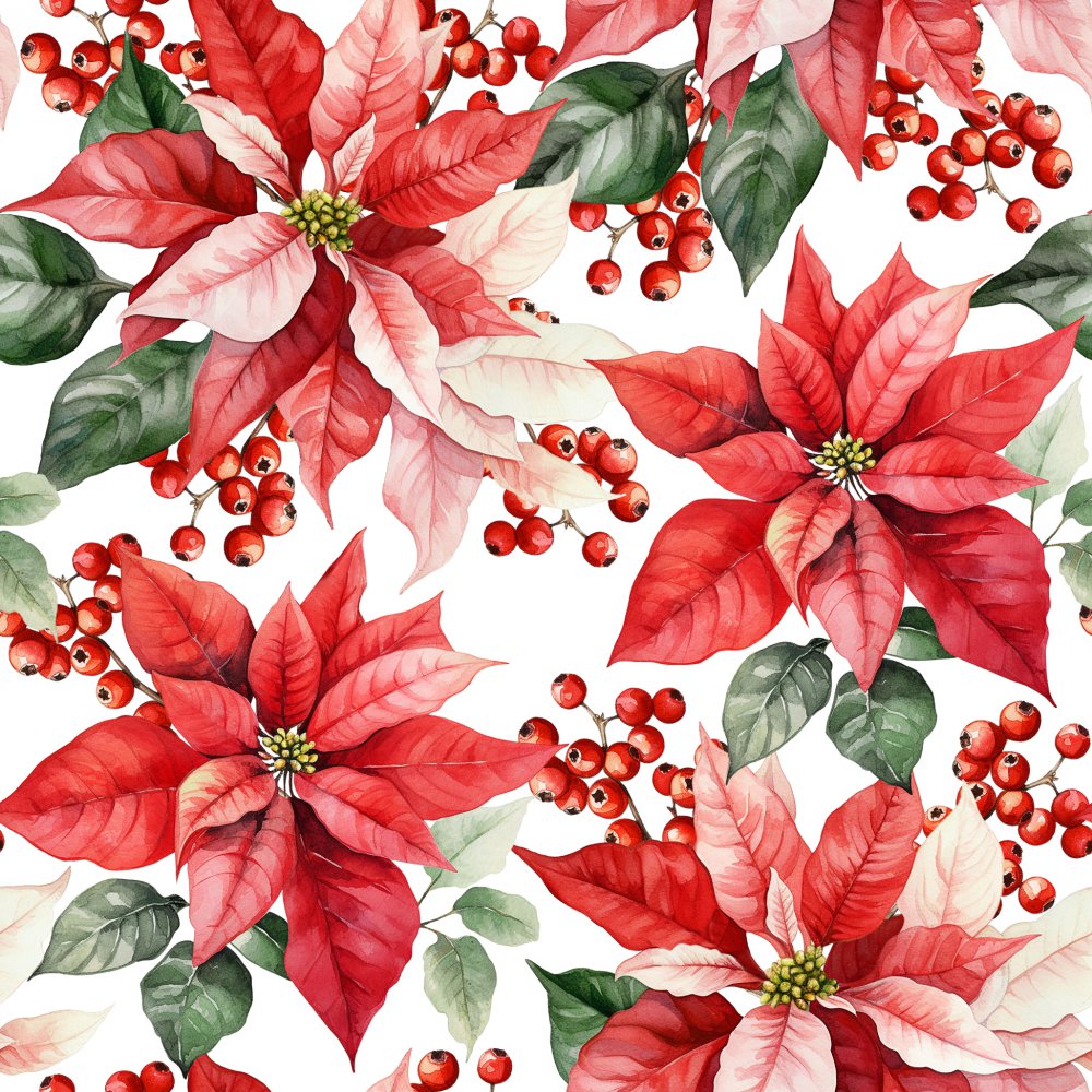 Napkins 33x33 cm - Julestjerne white, Poinsettia,  flowers,  Berries,  fruits
