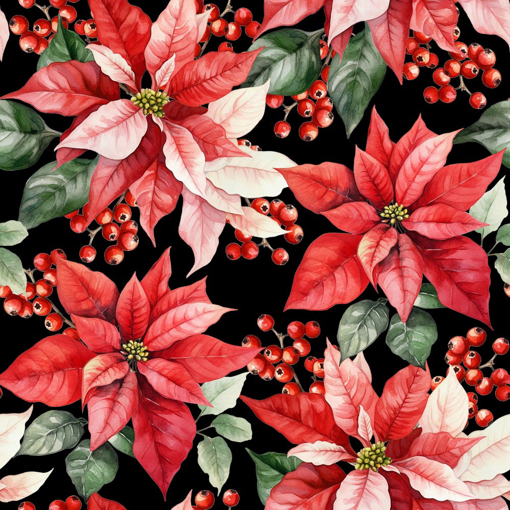 Napkins 33x33 cm - Julestjerne black, Poinsettia,  flowers,  Berries,  fruits